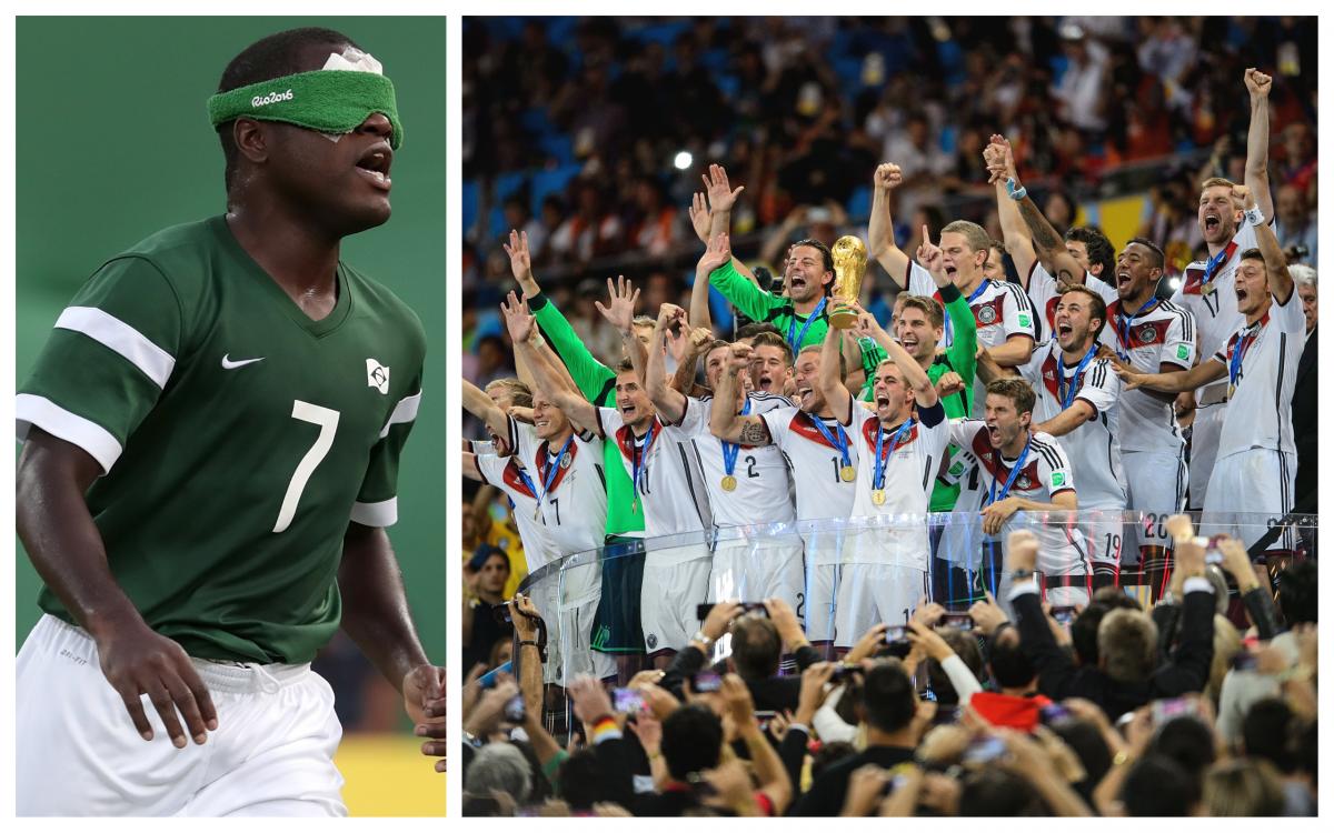 a male blind footballer and a group of able-bodied footballers holding the World Cup