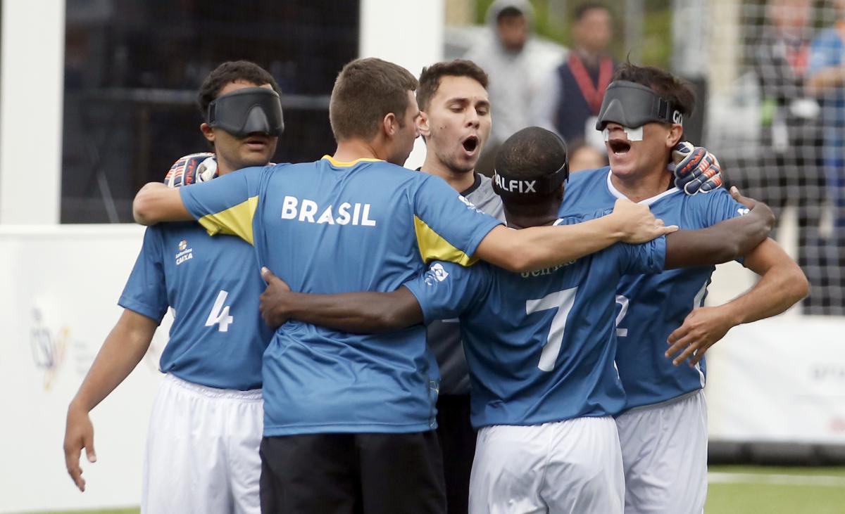 Brazilian blind footballers cheer together