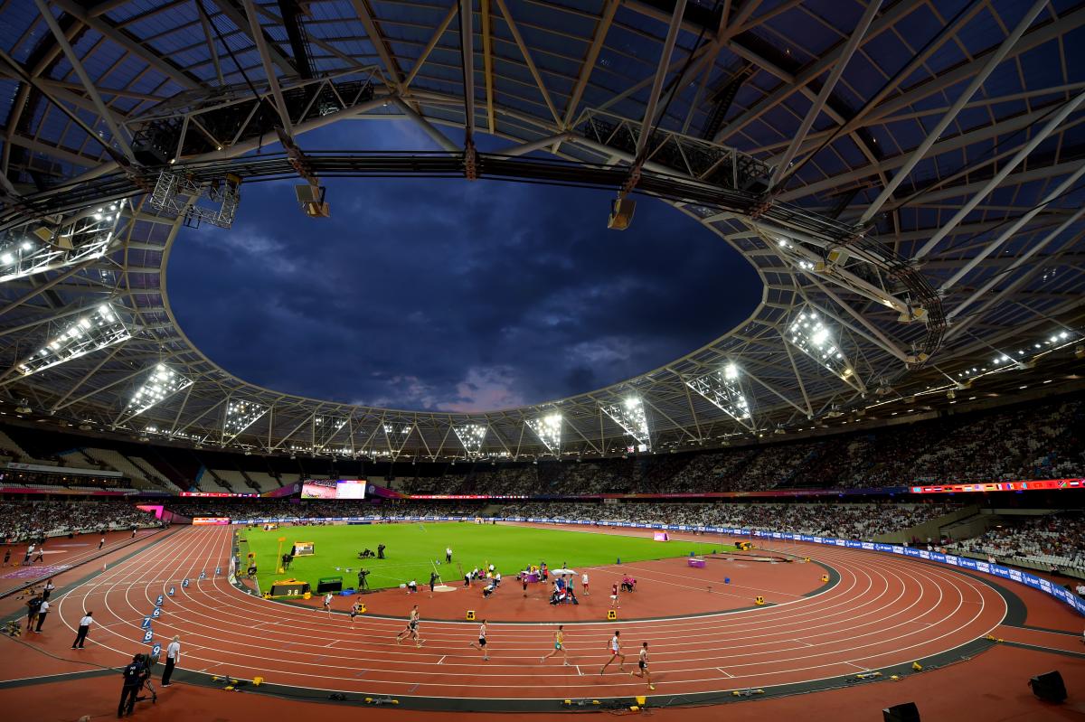 London 2017 - Queen Elizabeth Stadium a wide shot of an athletics stadium at night