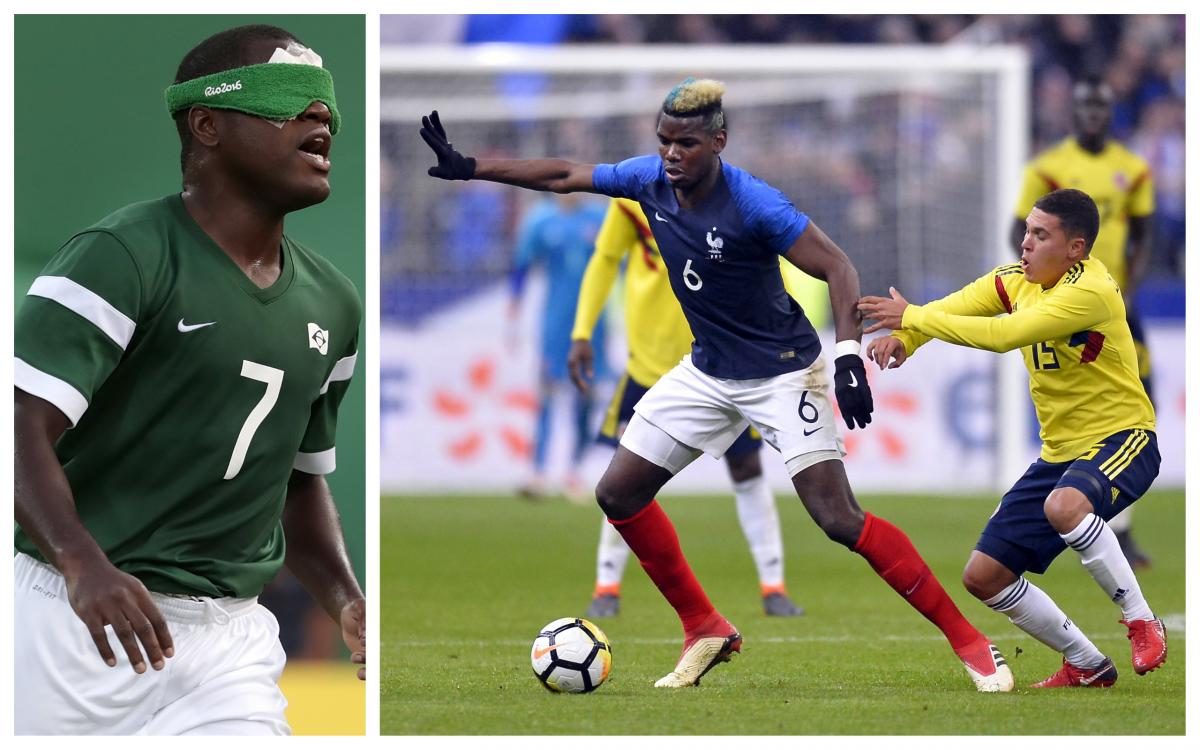 Jefinho and Paul Pogba a male blind footballer and an able-bodied male footballer on the pitch