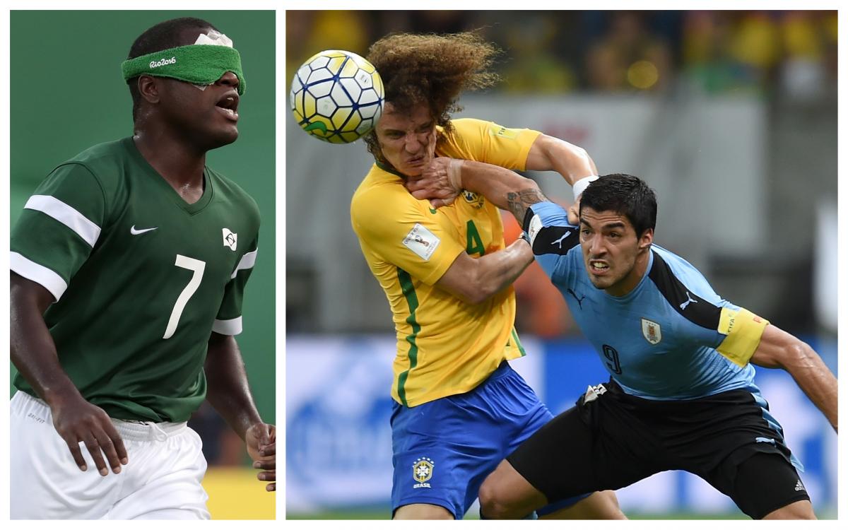 a male blind footballer and two able-bodied footballers fighting for the ball