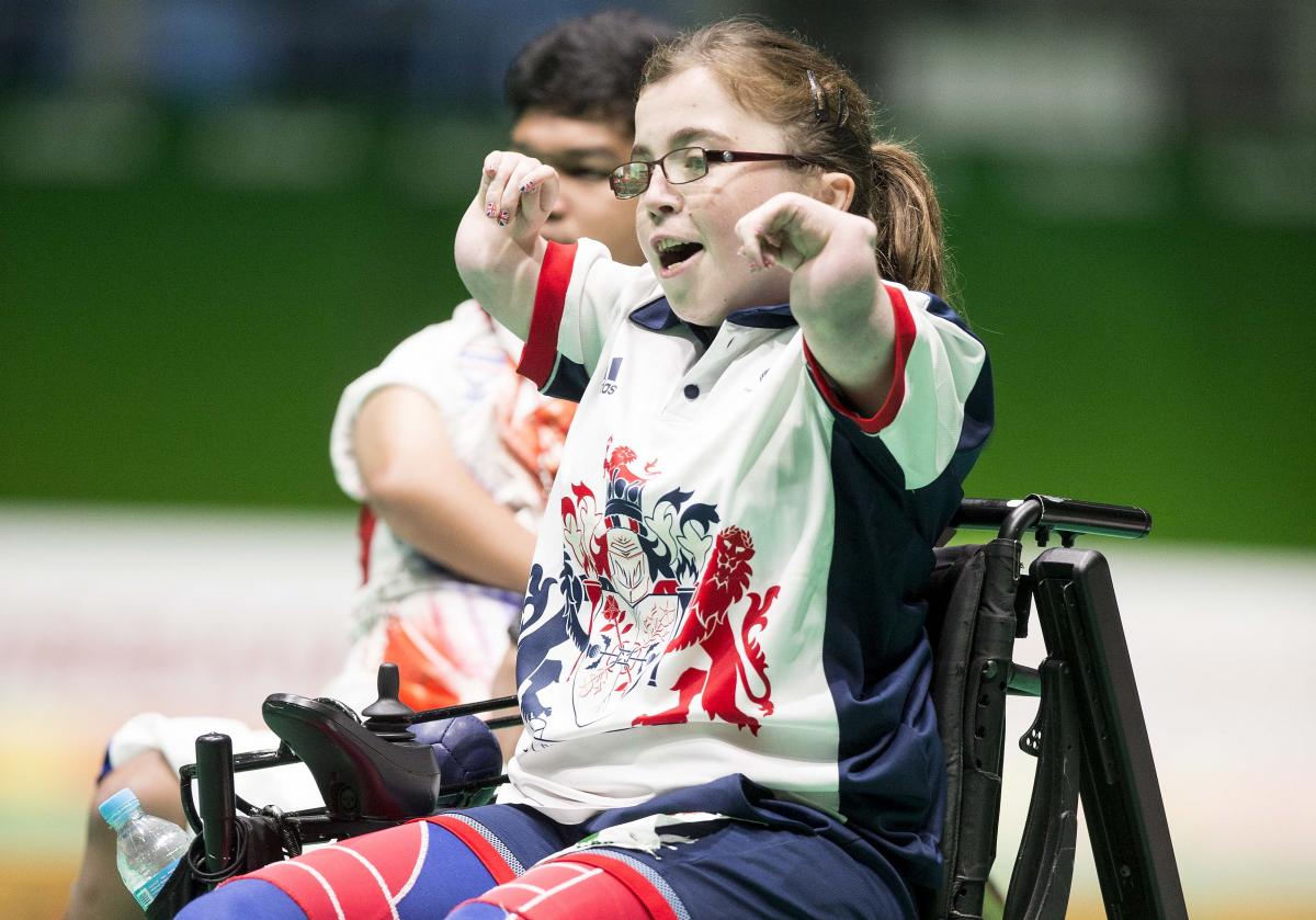 Evie Edwards - Great Britain - boccia a female boccia player celebrates