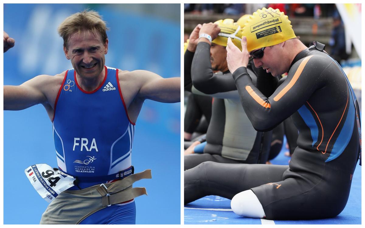 a male Para triathlete celebrating crossing the line and a male Para triathlete preparing to swim