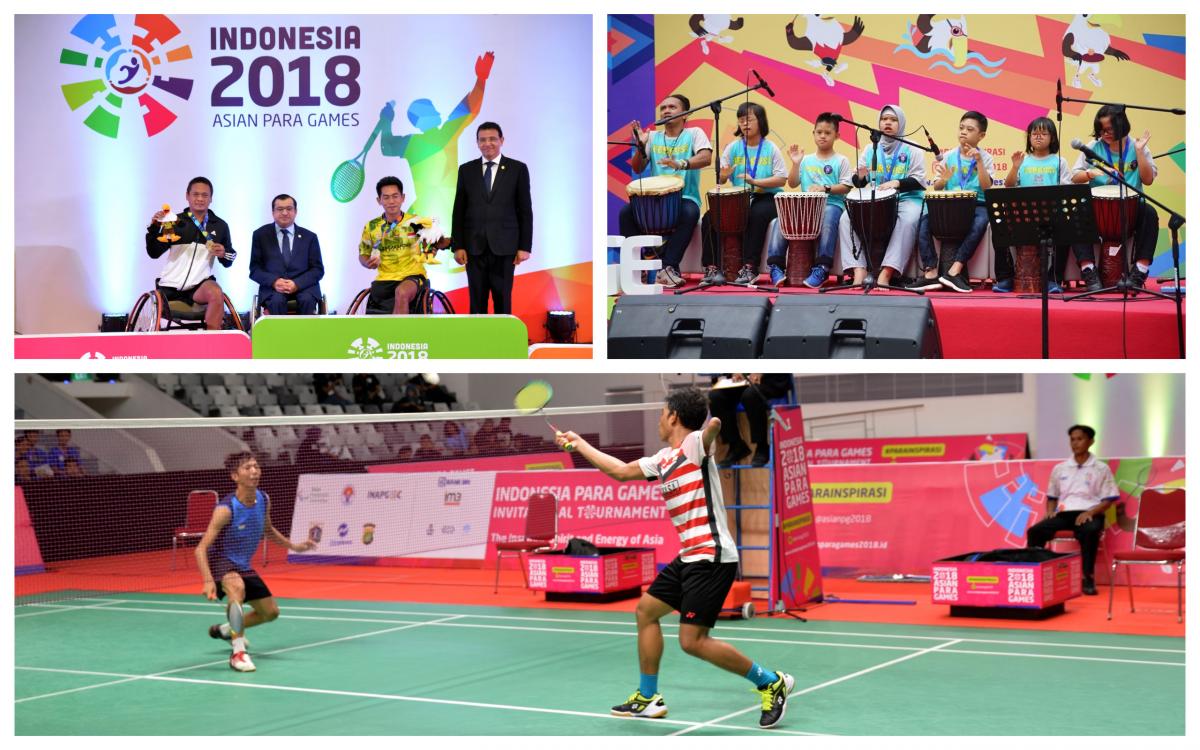 A group of Para athletes on a podium, children playing instruments, and two Para badminton players on court