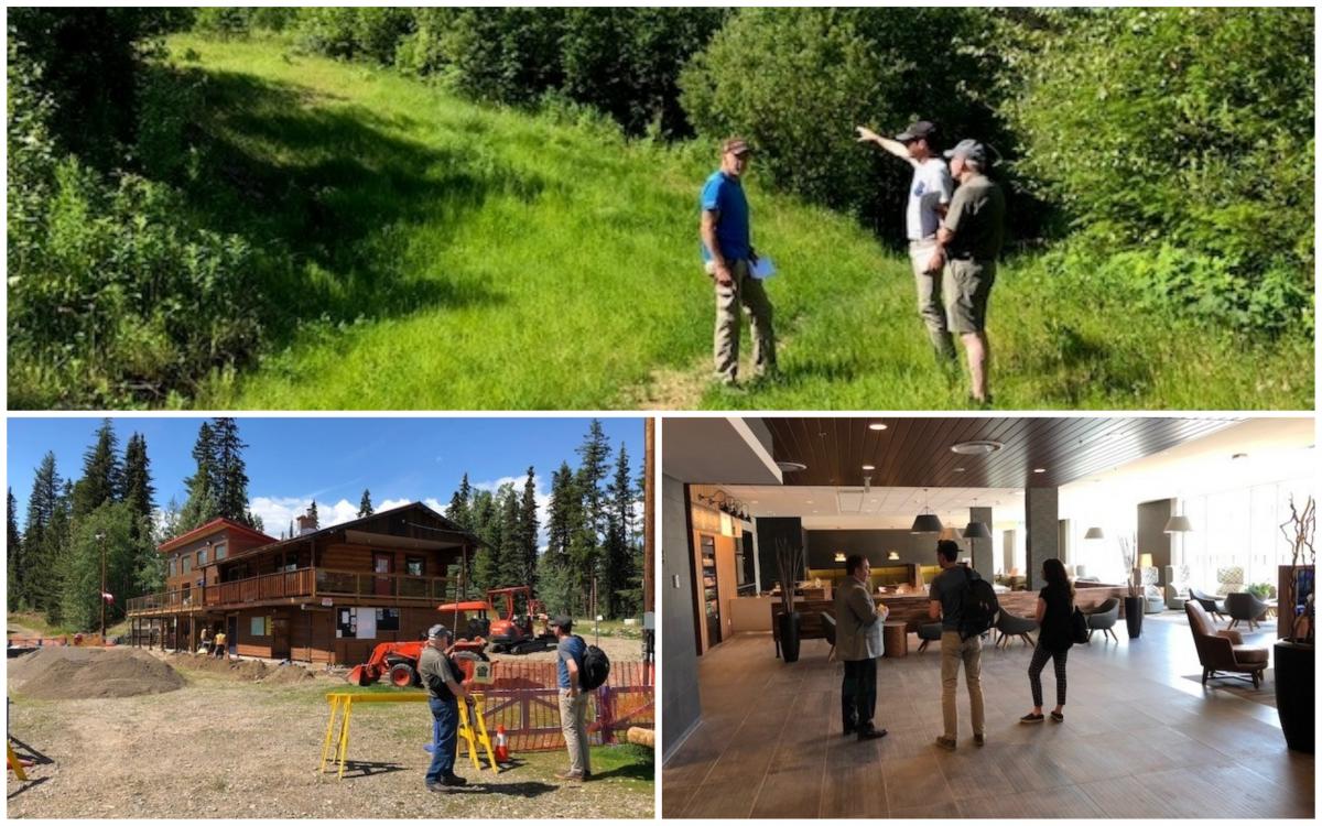 Prince George 2019 site visit a group of people being shown round a chalet and a wood