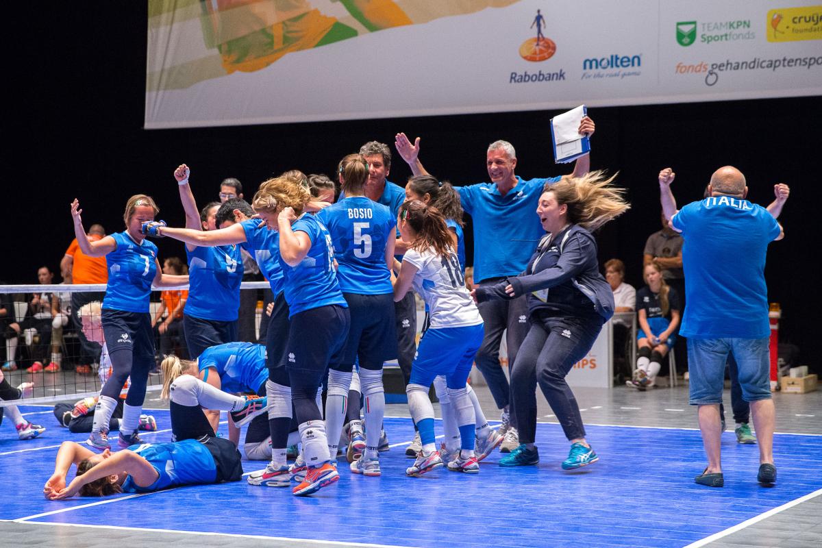 Italian sitting volleyball team celebrates after beating hosts Netherlands at the 2018 World Championships