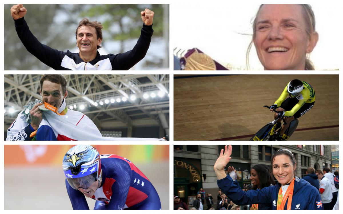 Collage of Para cyclists Zanardi, Cooke, Metelka, Chaman, Storey and Morelli
