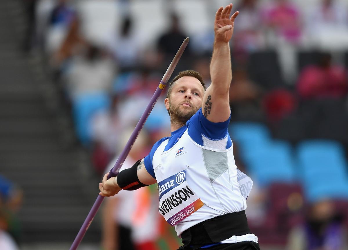 male Para athlete Helgi Sveinsson prepares to throw the javelin 