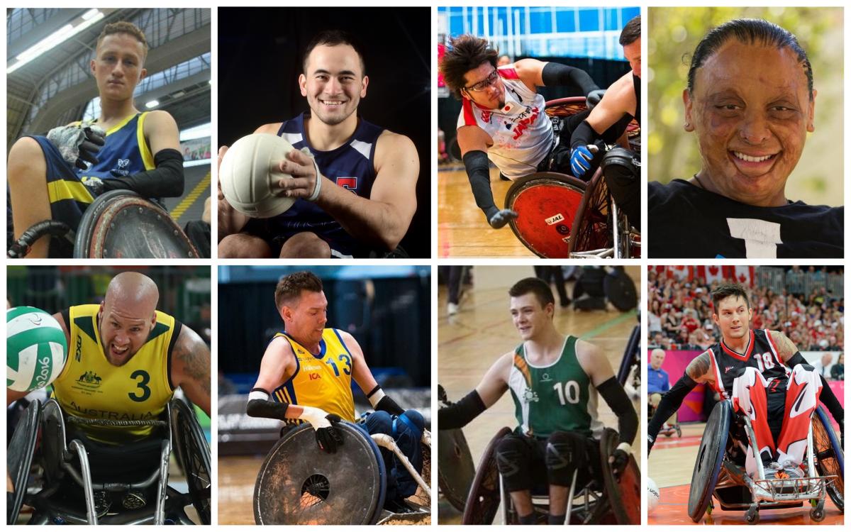 collage of eight wheelchair rugby players in action 