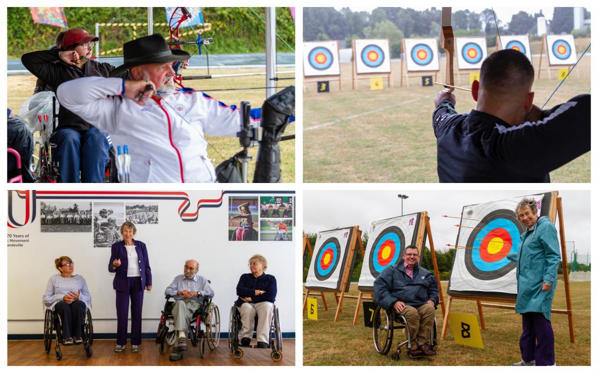 people in wheelchairs taking part in an archery demonstration at Stoke Mandeville hospital