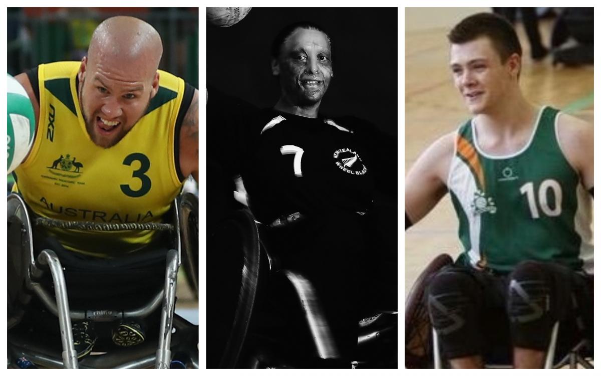 wheelchair rugby players Ryley Batt, Maia Amai and Thomas Moylan in action on the court