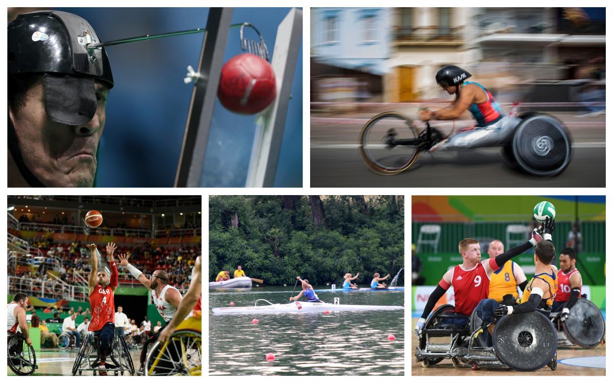 August 2018 preview - collage athletes competing at boccia, canoe, wheelchair basketball, wheelchair rugby and cycling