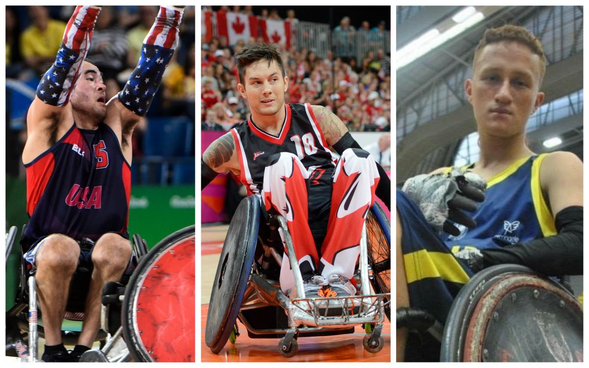 wheelchair rugby players Chuck Aoki, Trevor Hirschfield and Carlos Neme in action on the court