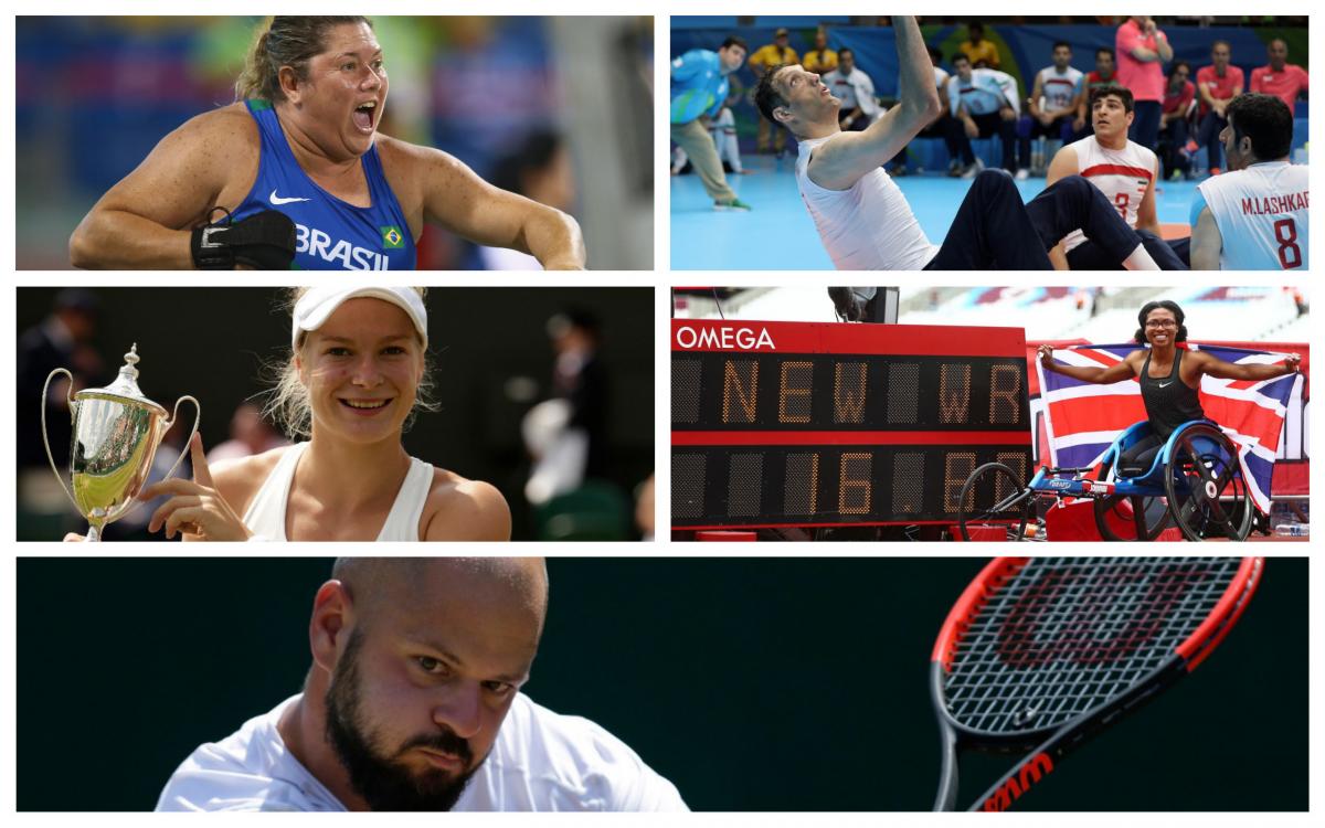 July 2018 AOTM - collage Para athletes Kare Adenegan, Diede de Groot, Elizabeth Gomes, Morteza Mehrzadselakjani and Stefan Olsson in action