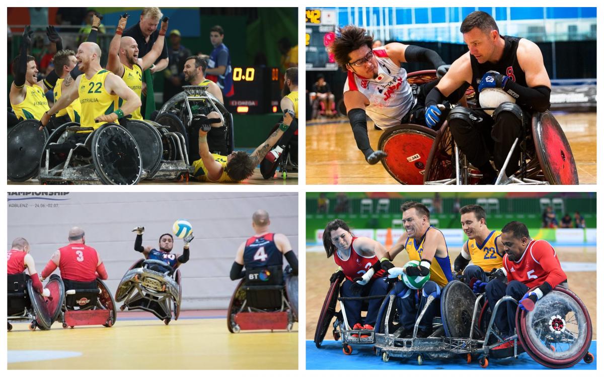 wheelchair rugby players from Australia, Japan, Great Britain, Denmark and Sweden in action on the court