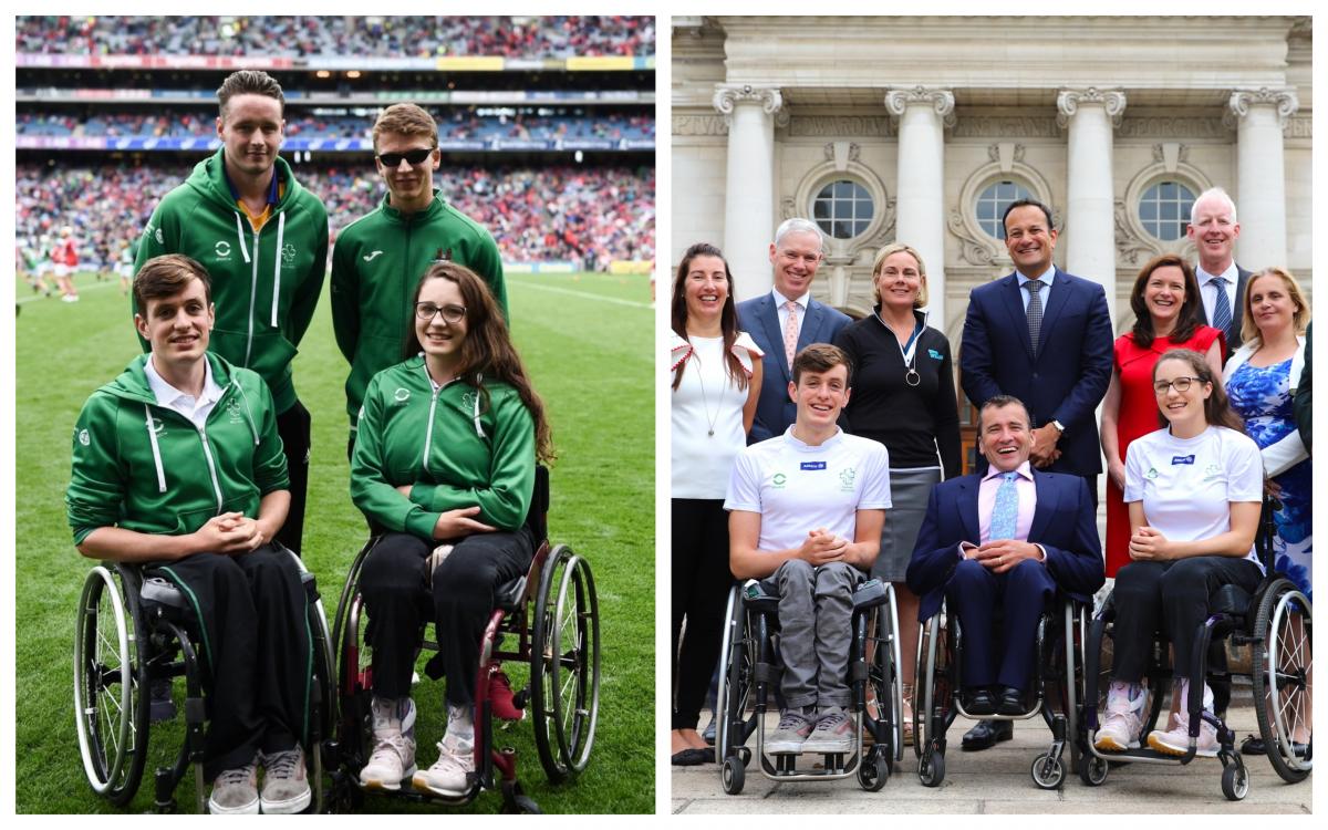 Irish swimmers at Croke Park and government A group of male and female swimmers in wheelchairs on a football pitch and with the Taoiseach outside Dublin's government buildings