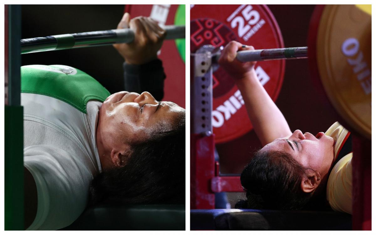 Lucy Ejike vs. Gihan Abdelaziz female powerlifters Lucy Ejike and Gihan Abdelaziz on the bench ready to lift