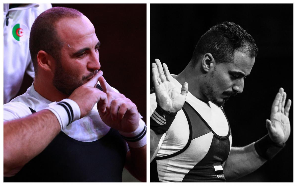 male powerlifters Hocine Bettir and Mahmoud Attia sitting side by side