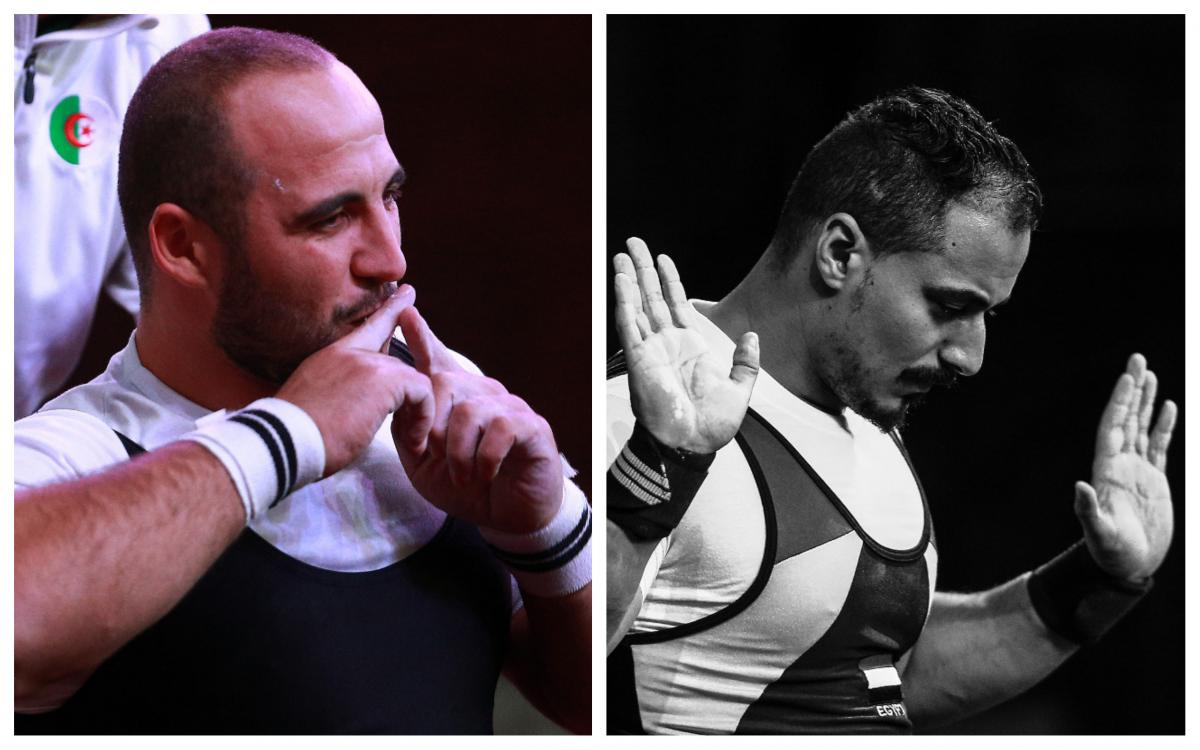 Hocine Bettir and Mahmoud Attia - collage male powerlifters Hocine Bettir and Mahmoud Attia sitting side by side