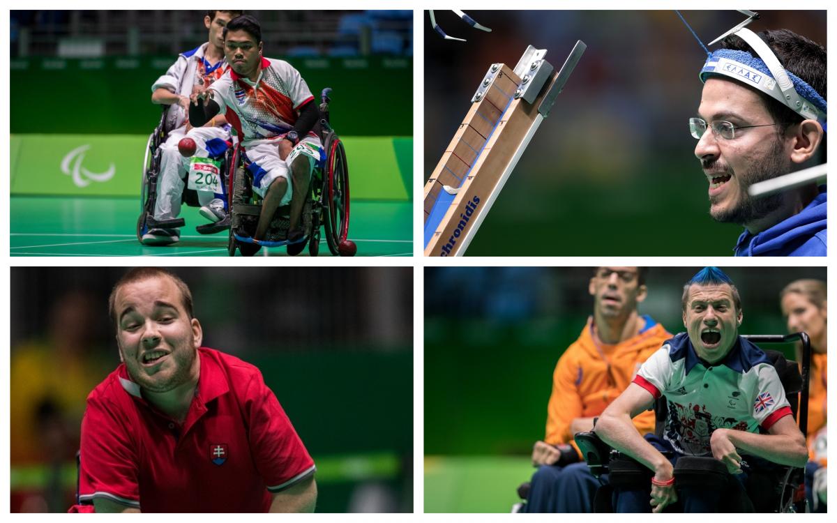 four male boccia players in action