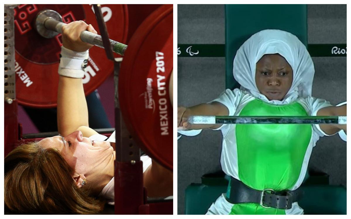 Samira Guerioua and Latifat Tijani female powerlifters Samira Guerioua and Latifat Tijani competing