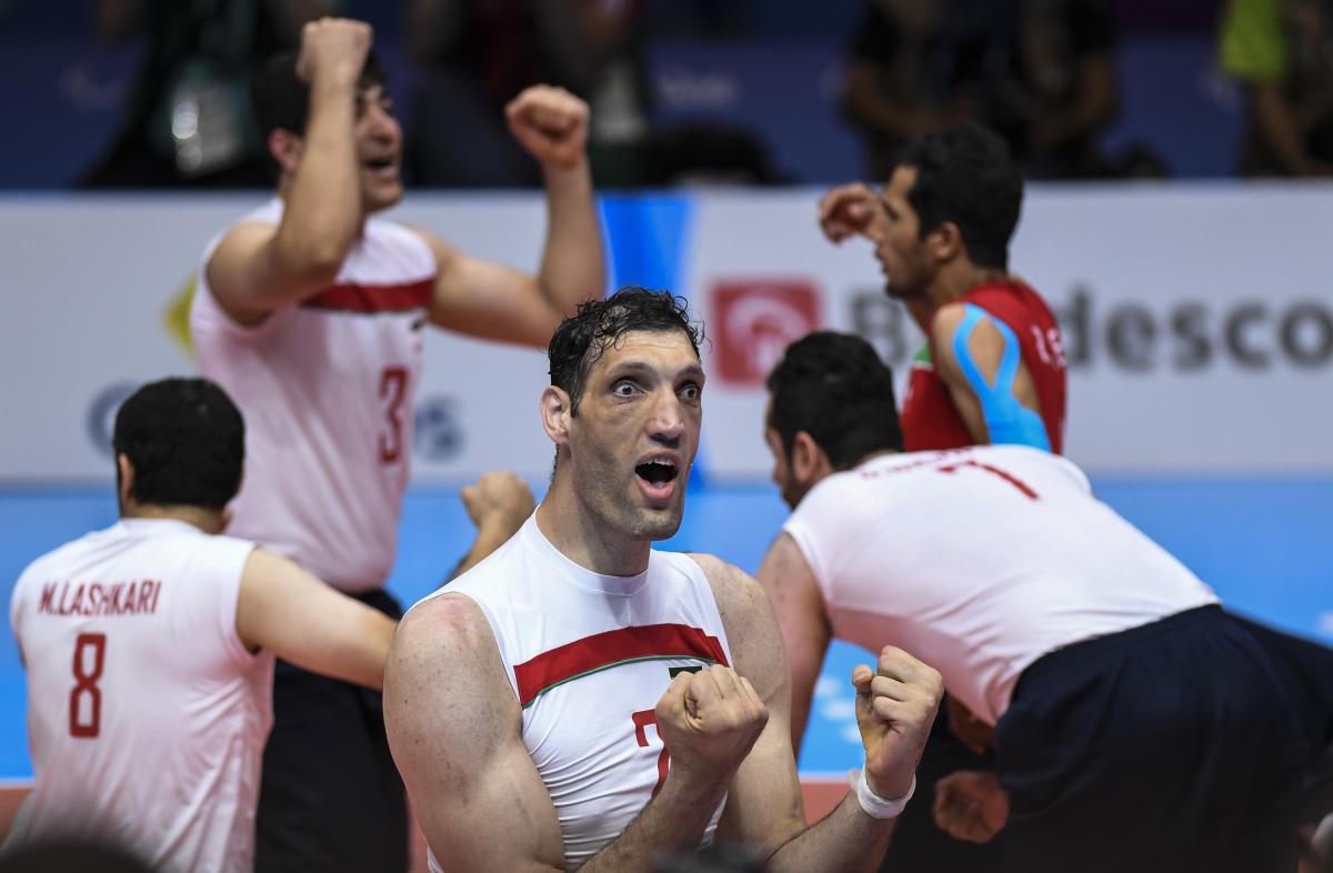 Morteza Mehrzadselakjani - Iran sitting volleyball male sitting volleyball player Morteza Mehrzadselakjani celebrating a point