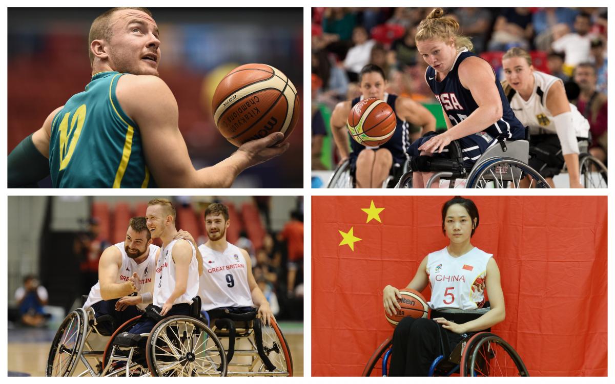 male and female wheelchair basketballers competing on the court