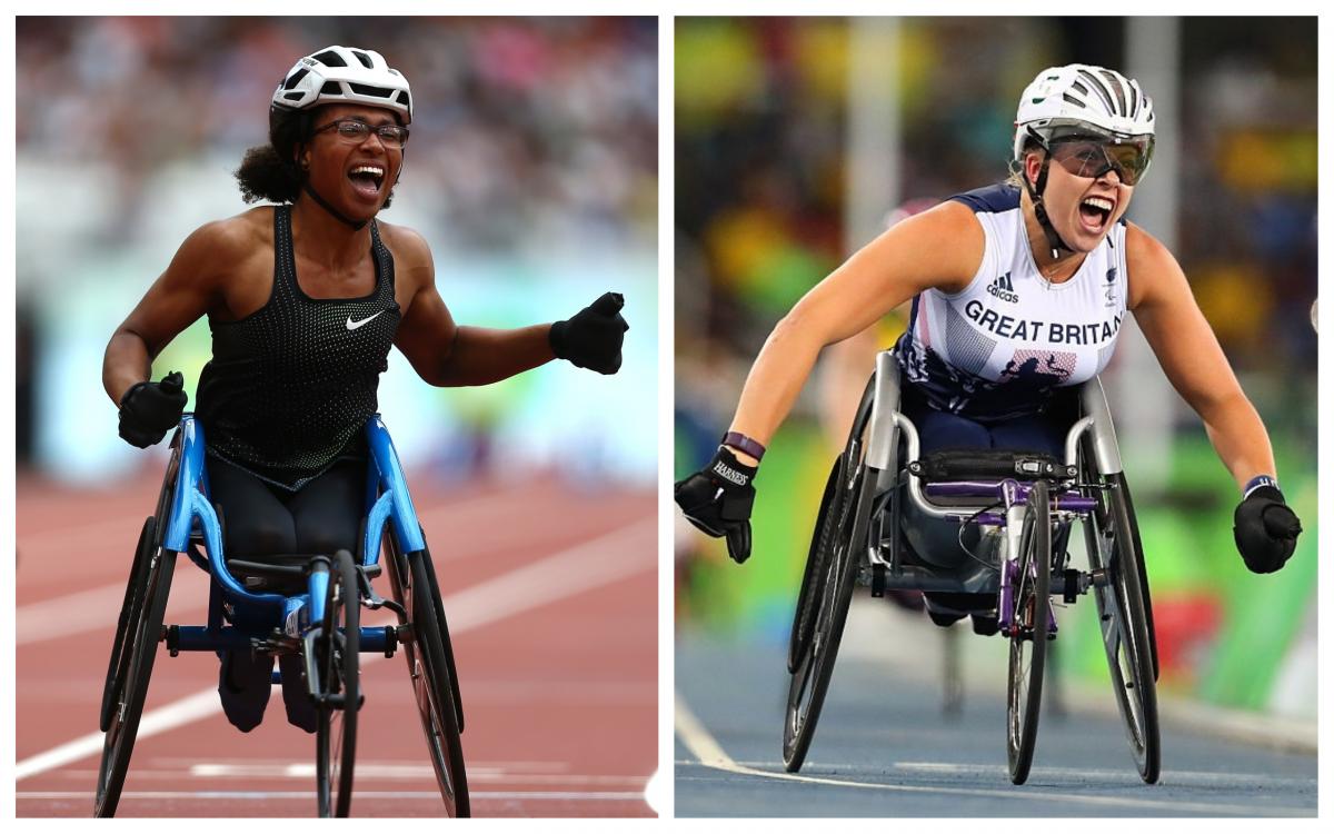Kare Adenegan and Hannah Cockroft female wheelchair racers Kare Adenegan and Hannah Cockroft celebrating crossing the finish line