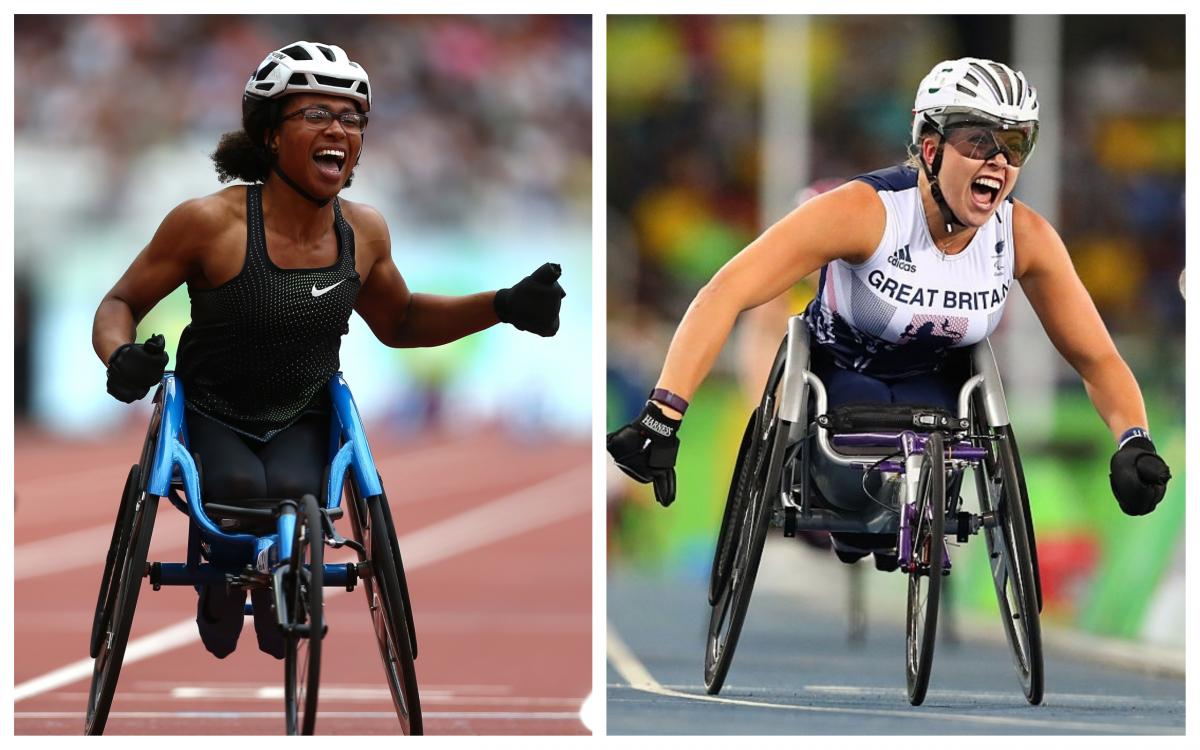 female wheelchair racers Kare Adenegan and Hannah Cockroft celebrating crossing the finish line