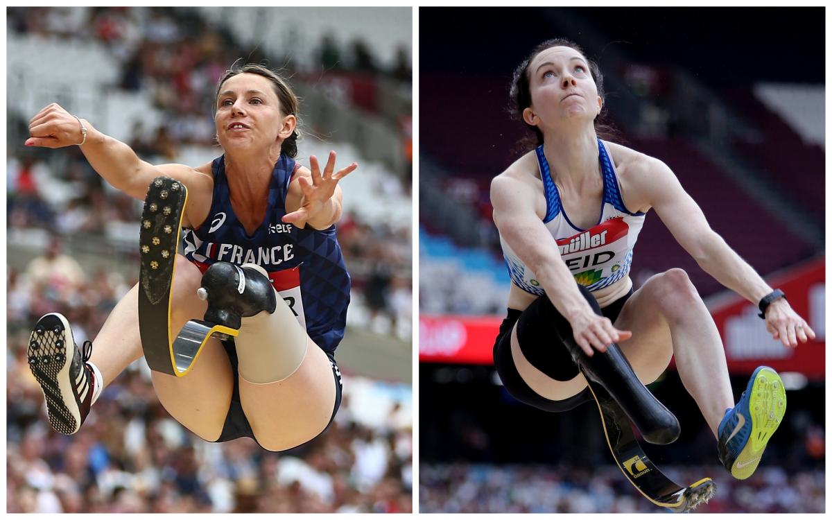 female long jumpers Marie-Amelie le Fur and Stef Reid in mid-air over the sandpit