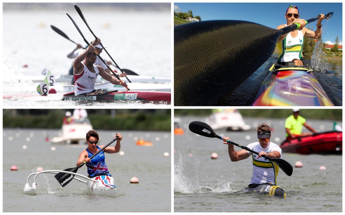 two male and two female Para canoeists in action on the water