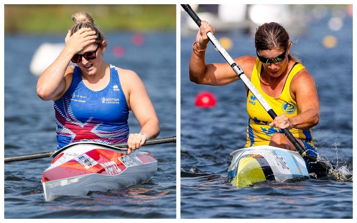 female Para canoeists Charlotte Henshaw and Helena Ripa in their boats on the water