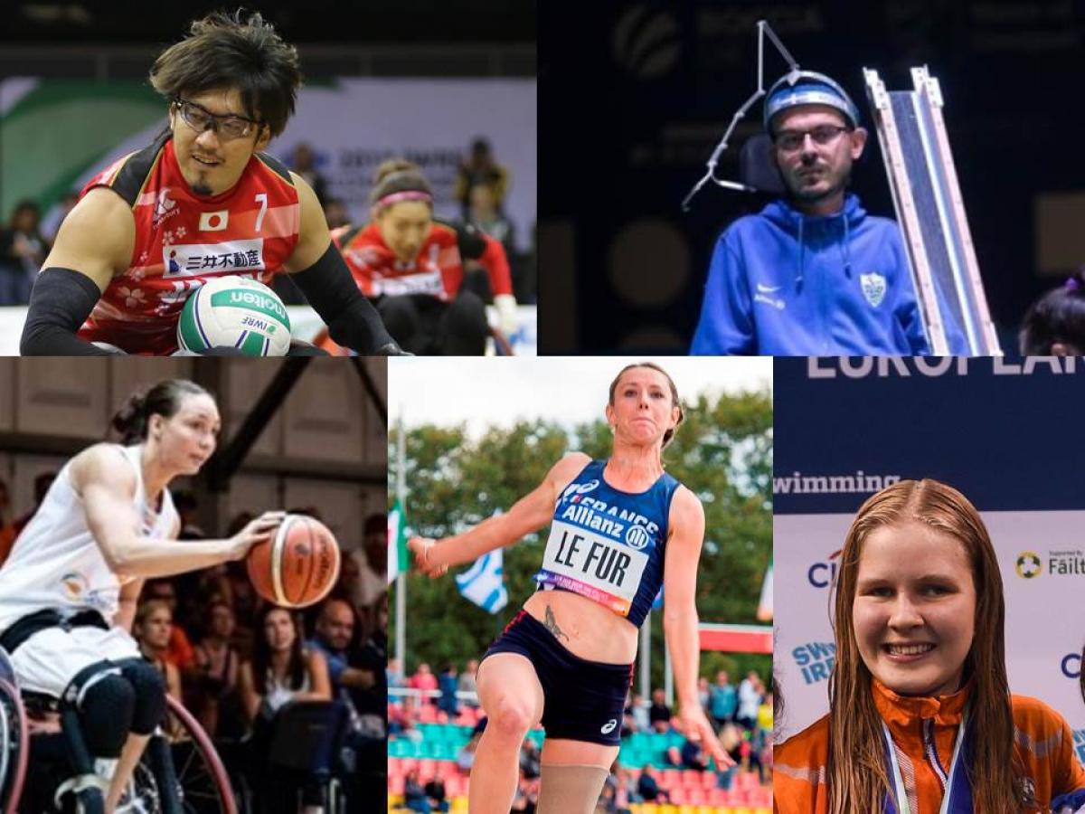 August Allianz Athlete of the Month Picture collage of boccia, wheelchair basketball, wheelchair rugby, swimming and athletics athletes nominated for a poll