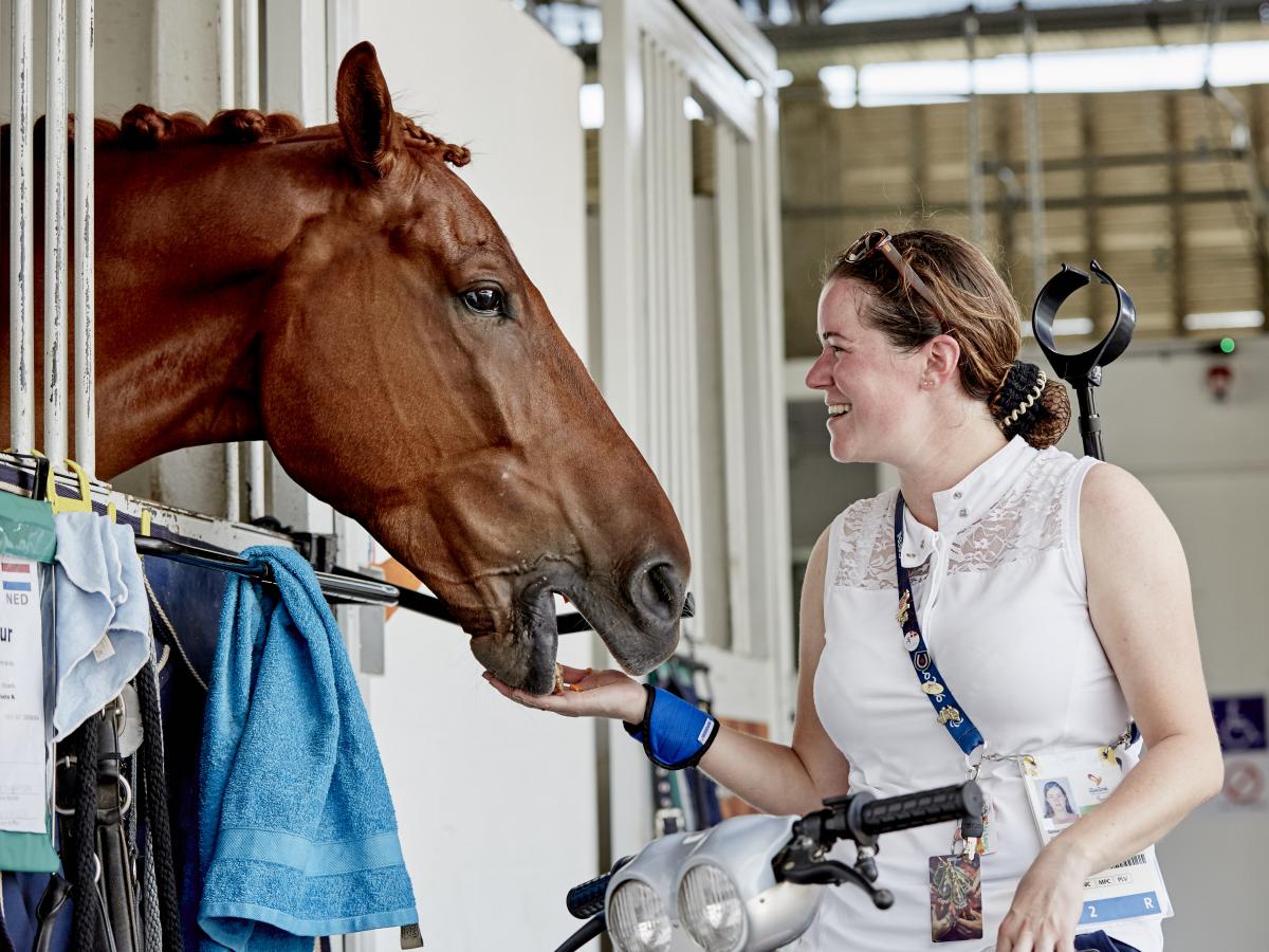 female Para equestrian rider Sanne Voets feeding her horse