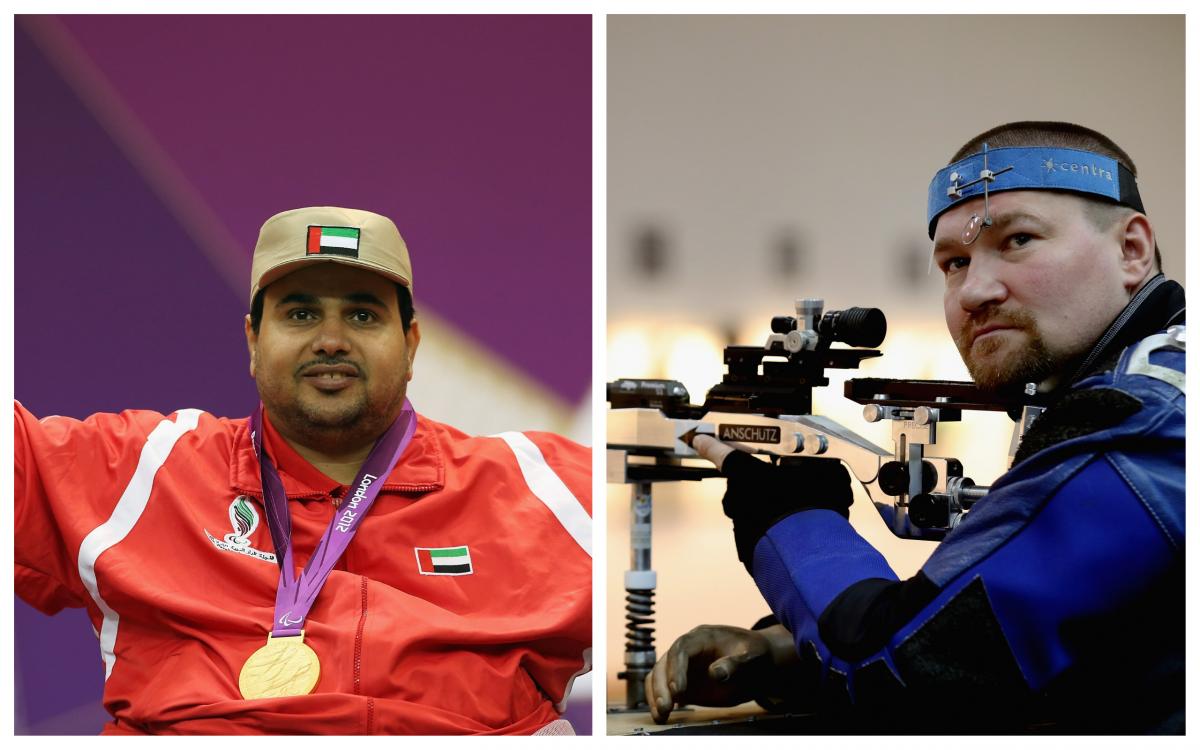 Alaryani and Kovalchuk - collage male Para shooters Abdulla Sultan Alaryani and Vasyl Kovalchuk take aim