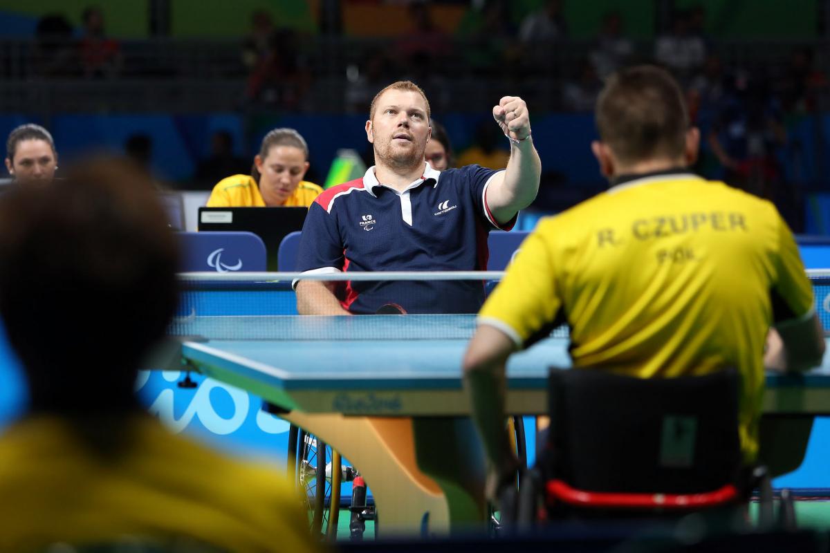 Fabien Lamirault male Para table tennis player Fabien Lamirault punches the air after a shot