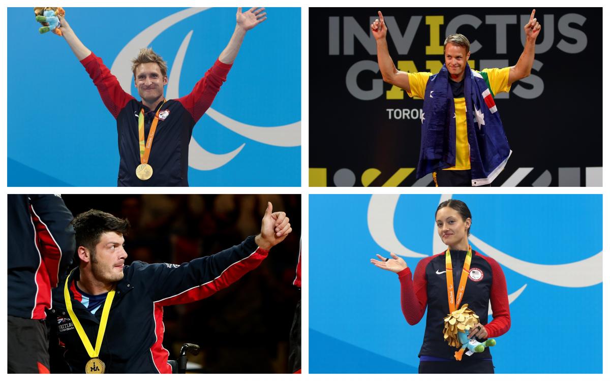 Invictus Paralympians - collage Para athletes Brad Snyder, Curtis McGrath, Dave Henson and Elizabeth Marks on the podium