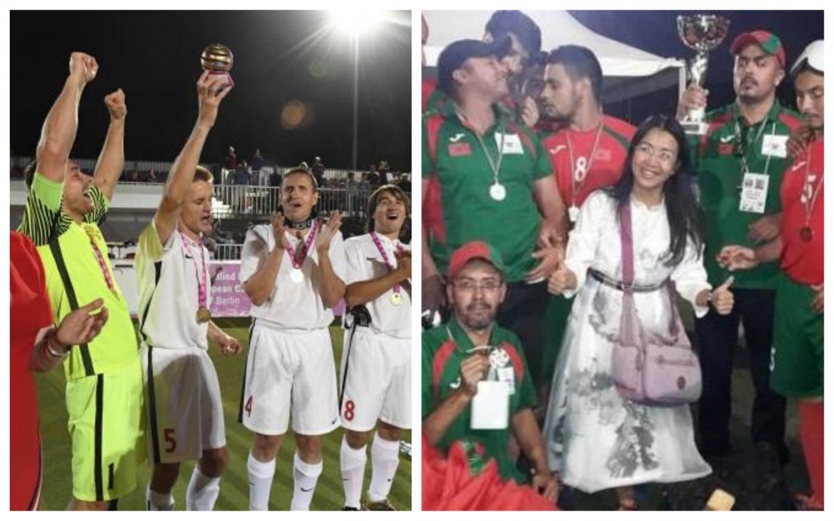 Russia and Morocco blind football - collage two groups of blind footballers from Russia and Morocco celebrating with a trophy