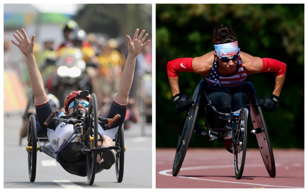 Christiane Reppe and Kelly Elmlinger - triathlon collage female Para triathletes Christiane Reppe and Kelly Elmlinger racing in a hand-cycle and a wheelchair