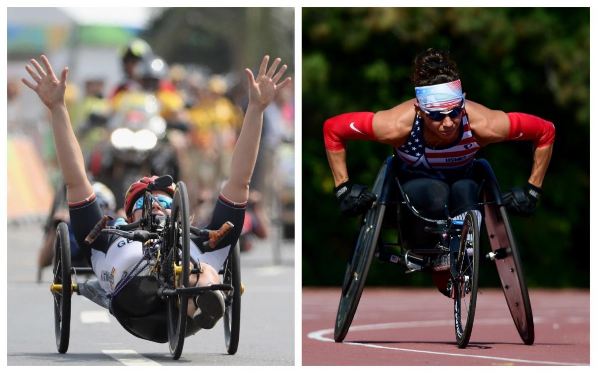 female Para triathletes Christiane Reppe and Kelly Elmlinger racing in a hand-cycle and a wheelchair