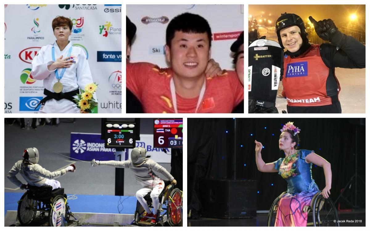 Picture collage of two snowboarders, a Para dancer, wheelchai fencer and judoka 