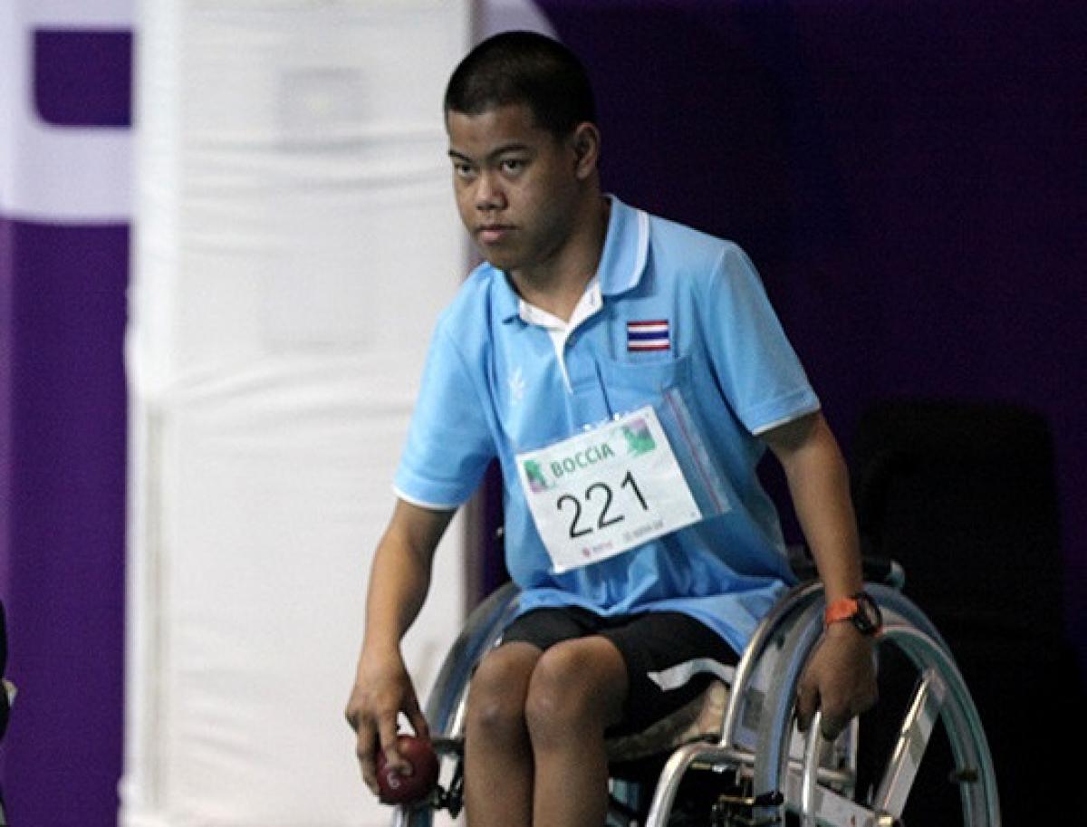 male boccia player Boontep Pachdee in a wheelchair