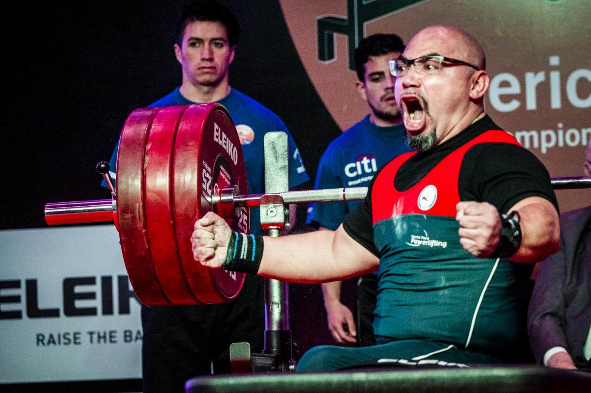 Chile's Juan Carlos Garrido celebrates winning gold at the Bogota 2018 orld Para Powerlifting Americas Open Championships.