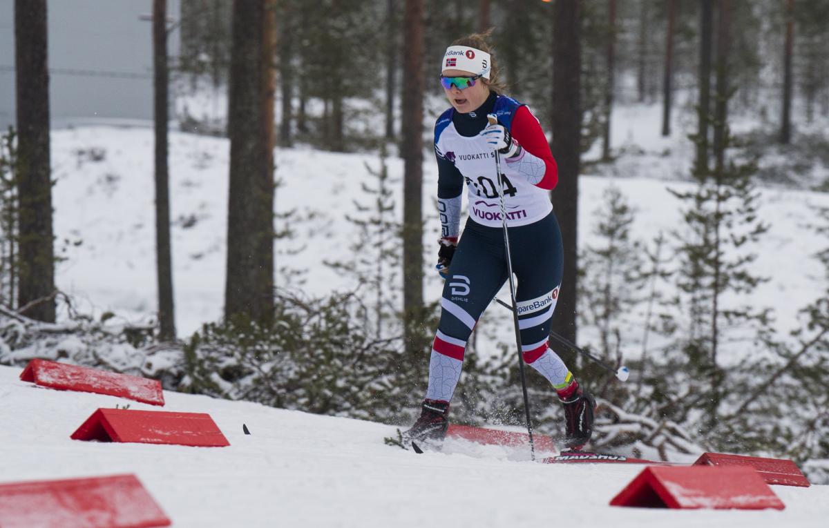 Vilde Nilsen - Vuokatti 2018 female Para Nordic skier Vilde Nilsen standing and skiing through the snow