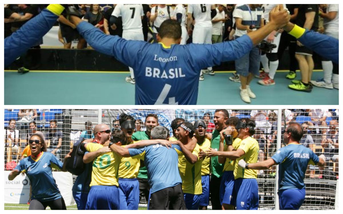 Brazil - men's goalball and blind football teams a group of male Brazilian blind footballers and goalball players celebrating wins
