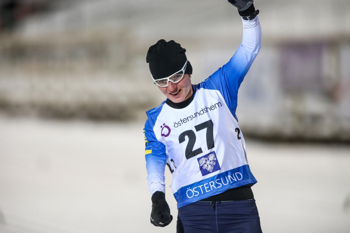 Oleksandra Kononova - Ostersund 2019 female Para biahthlete Oleksandra Kononova raises her fist in triumph as she crosses the finish line