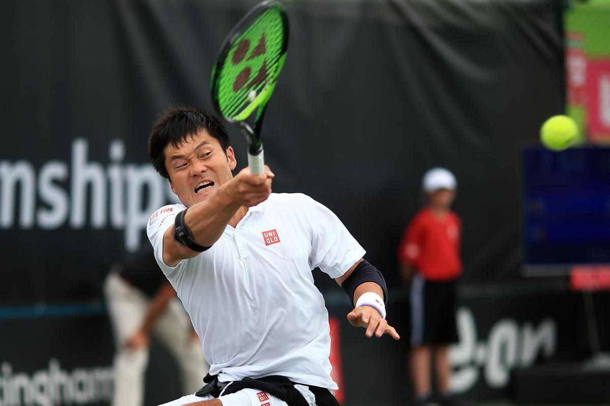 Shingo Kunieda male wheelchair tennis player Shingo Kunieda hits a backhand