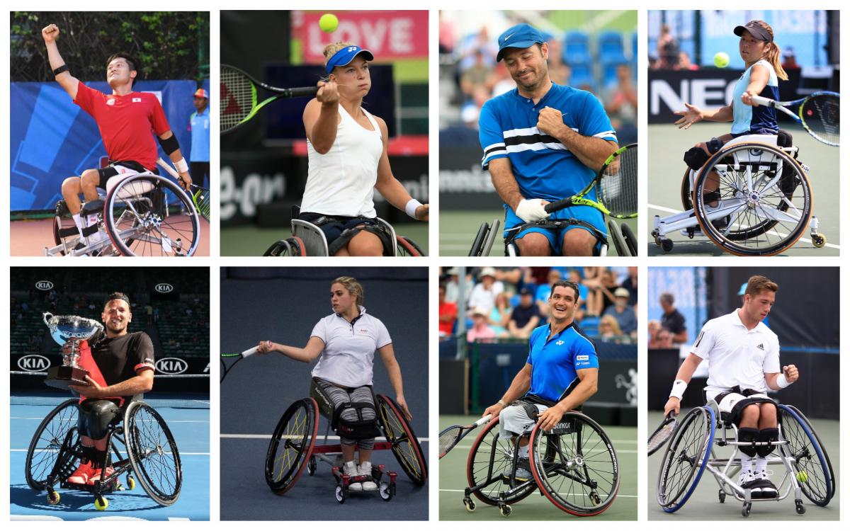 eight wheelchair tennis players in action on the court