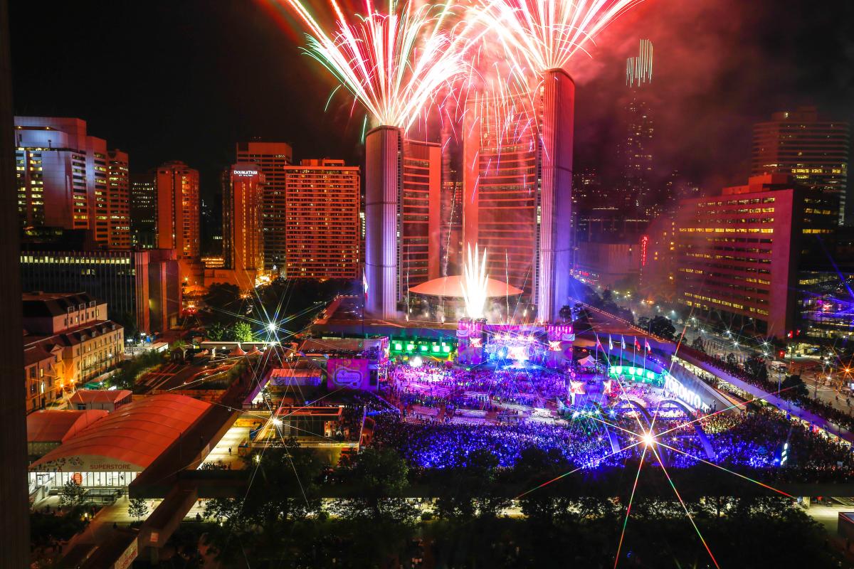 Toronto 2015 Closing Ceremony a high shot of fireworks and lasers in central Toronto