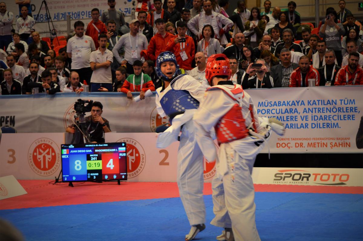 Juan Garcia Lopez - Antalya 2019 male Para taekwondo fighter Juan Garcia Lopez kicks another fighter around the back